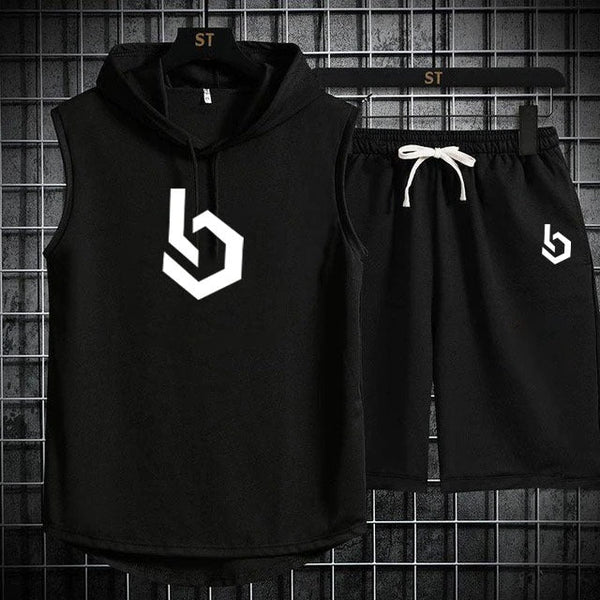 Summer Gym Hooded Short Track Suit fabric Jersey (black)