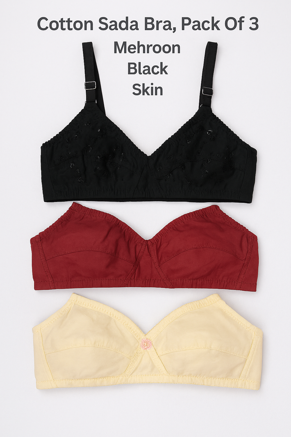 Cotton Sada Bra Pack of 3 – Mehroon, Black &amp; Skin Color | Comfortable 3 Hook Non-Padded Bra for Women