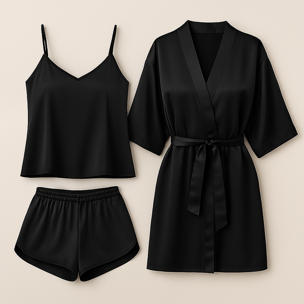 3-Piece Satin Sleepwear Set for Women – Camisole, Shorts &amp; Robe | Elegant Nightwear &amp; Loungewear – Free Size (DC-3003)