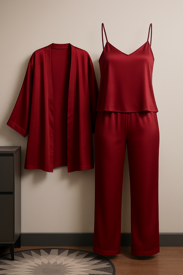 3-Piece Premium Satin Sleepwear Set for Women – Camisole, Pants &amp; Robe | Nightwear &amp; Loungewear | Free Size (DC-3002)