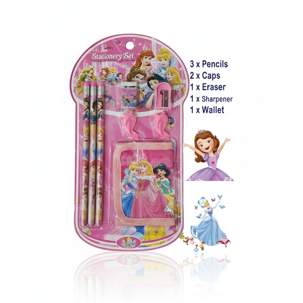8 Pcs Disney Stationery Gift Set for Kids – Includes Pencils, Eraser, Sharpener, Pencil Caps &amp; Wallet (Random Character)
