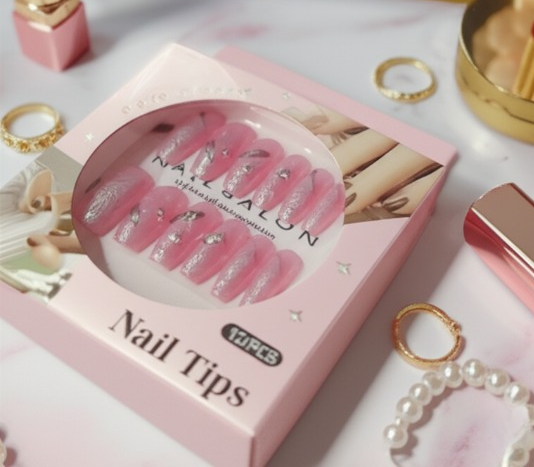 Luxury Pink Nail Tips Set – 12 PCS False Nails with Glitter &amp; Rhinestone Design | Elegant Salon-Style Press-On Nails for Parties, Weddings &amp; Everyday Fashion