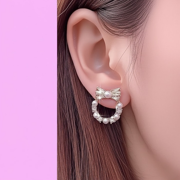 Pearl Bow Korean Zircon Earrings for Women – Elegant Bowknot Design with Sparkling Zircon and Pearl Accents | Premium Golden and Silver Fashion Jewelry for Weddings, Parties, and Everyday Wear | AXT-100