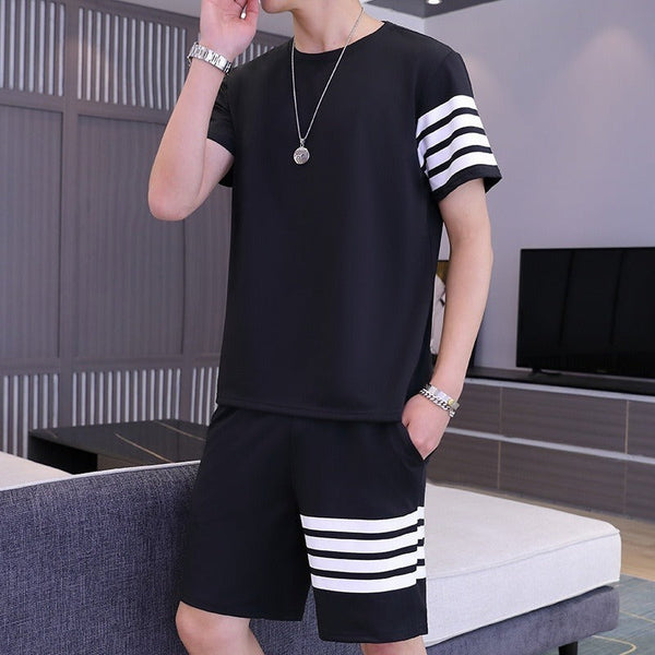 Black Color Trendy LINE Printed Tracksuit for Men | Cotton T-Shirt &amp; Shorts | Summer Casual Wear | Gym &amp; Elegant Suit