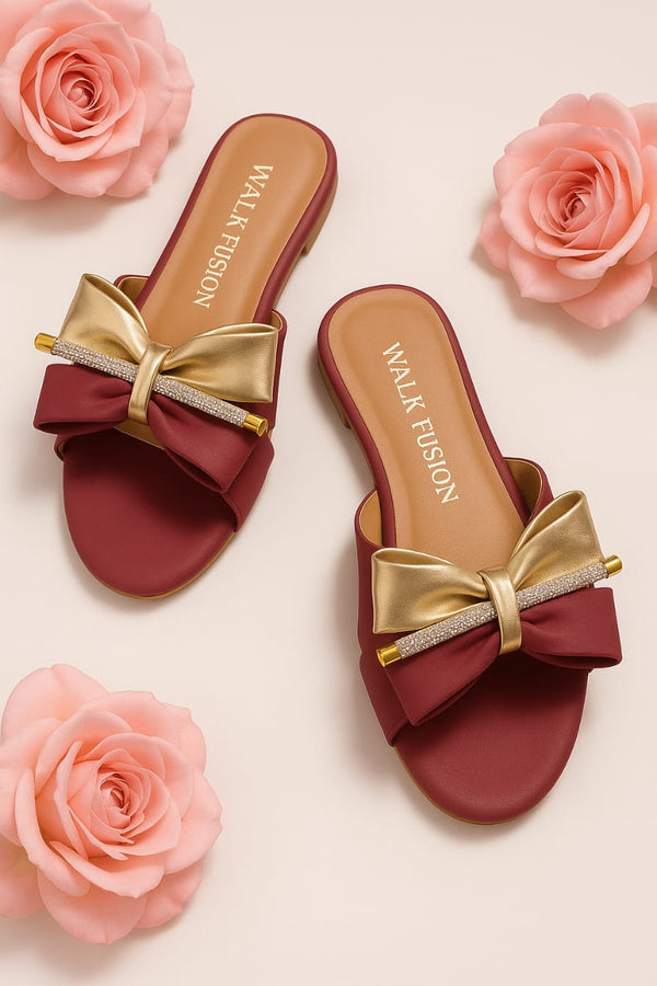 Stylish Maroon Block Heel Slip-On Slippers for Women with Golden Bow and Rhinestone Detailing – Comfortable Daily &amp; Party Wearone perfect pair Stylish | Comfortable | Premium Quality | Slipper | Slipper For Women (With Box)