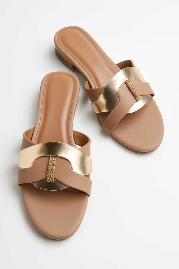 Women's Tan &amp; Gold Embellished Flat Sandals – Stylish Slip-On Slides with Luxury Comfort &amp; Chic Gold Accent Shine with every step — comfort class in one perfect pair | Slipper | Slipper For Women (With Box)