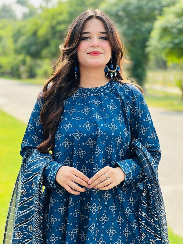 Uswa Zia 3 Piece Printed Swiss Lawn Suit – Blue, Stiched Suit (Standard Size)