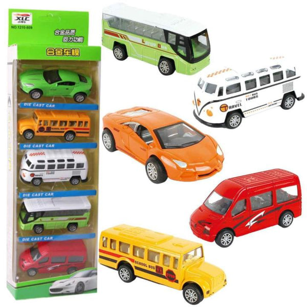 5-Piece Die Cast Metal Car and Bus Set – 1:64 Scale City Vehicle Collection for Kids – Pull Back &amp; Release – Durable Metal &amp; Plastic Construction – Educational Toy for Ages 3+