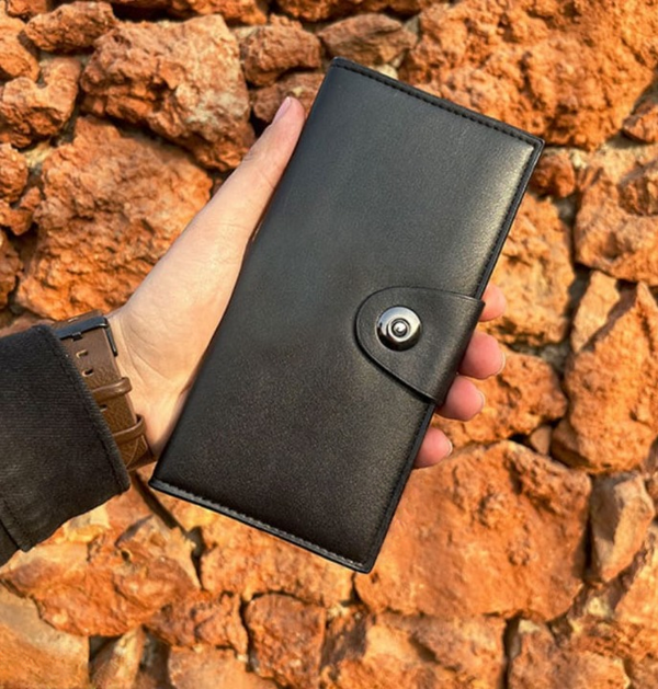 Tri-Fold Pure Leather Long Wallet for Men &amp; Women – Genuine Cow Leather Fashion Wallet with Multiple Card Slots, Cash &amp; Mobile Compartments – Stylish Smooth Pattern in Brown, Black &amp; Blue (18×9×2cm)