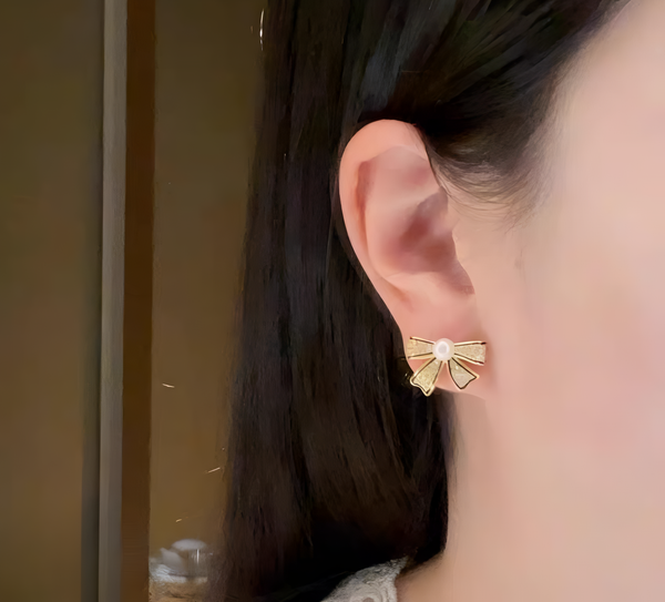 PJT-995 Bow Shape Zircon Pearl Earrings for Women – Korean Style Jewelry with Sparkling Zircon &amp; Classic Pearl Center | Available in Golden &amp; Silver | Perfect Gift for Parties, Weddings &amp; Everyday Fashion