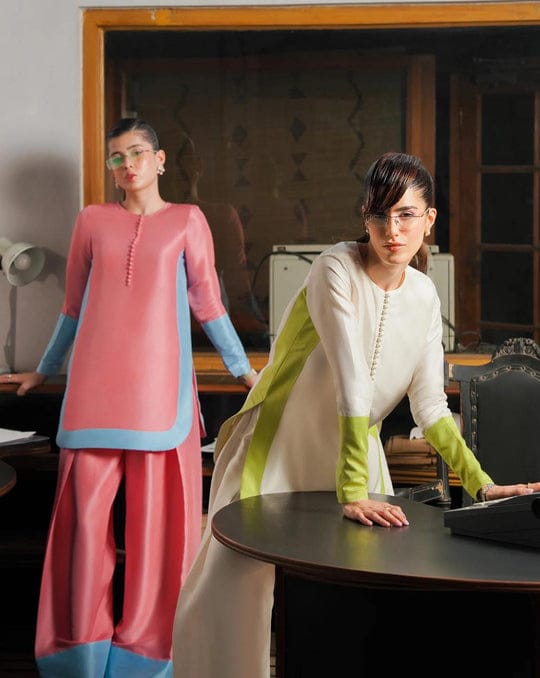 Rosy Glow Swiss Lawn Shirt – Elegant Color Block Design for Women