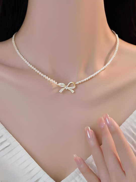 PQT-992 - Bow Shape Pearl Pendant Necklace for Women – Dainty Jewelry with Sparkling Bow Design | Available in Silver &amp; Golden Finish | Perfect Gift for Weddings, Parties &amp; Everyday Glamour