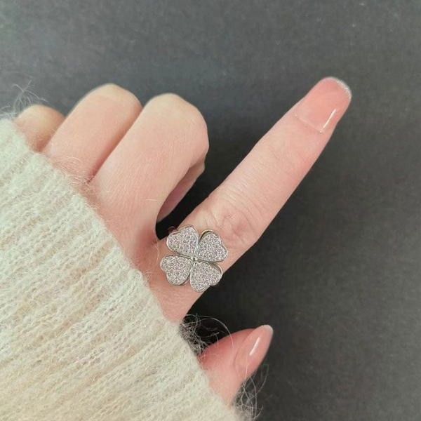 Clover Zircon Rotating Ring – Silver &amp; Golden, Adjustable Spinner Ring for Women (QSJ-111) 