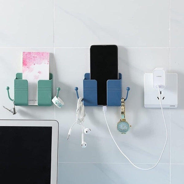 Wall Mount Phone Holder and Remote Control Stand with Hooks – Space-Saving Wall Mounted Phone Holder for Bed, Kitchen, Living Room, and Office (Random Color)