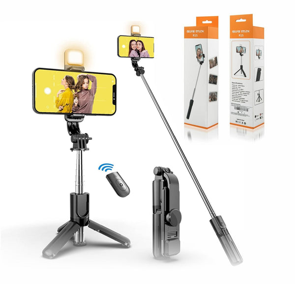 Selfie Stick Tripod R1S Bluetooth Remote Control Tripod Selfie Stick New Model with Wireless Remote Shutter Compatible with All Cell Phones - Selfie Stick with Light