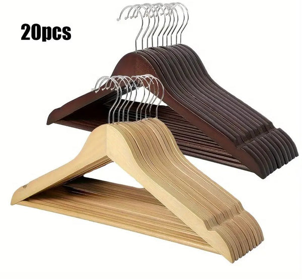 Premium Wooden Hangers – Pack of 20 Durable Slim Hangers with Pants Bar – Smooth Finish for Closet Organization (Brown &amp; Light Wood) (With Box)