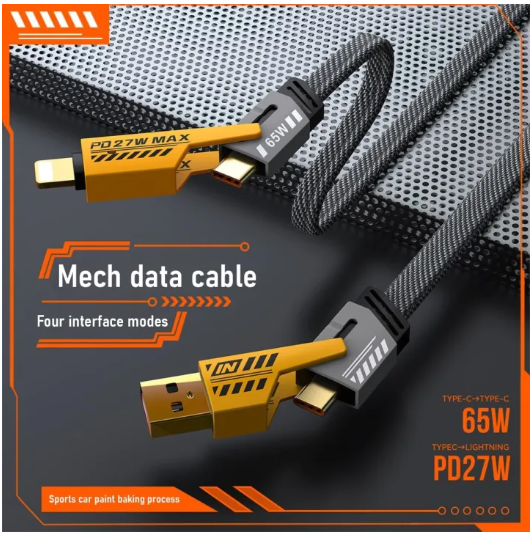 4 in 1 Data Cable – USB-C &amp; Lightning Connectors, Braided Durable Design, Fast Charging &amp; Data Transfer, Black with Yellow Connectors