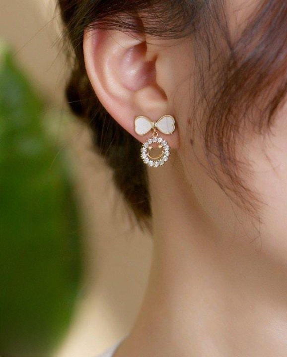 PXT-988 Smiley Face Zircon Korean Earrings – Elegant Bow &amp; Crystal Circle Design - Available In Goden And Silver Color