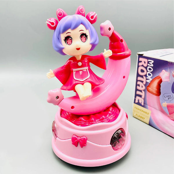 Rotating Moon Doll Toy With LED Lights &amp; Music – Adorable Crescent Moon Design, Universal Rotation, Safe for Kids 3+, Pink &amp; Purple Gift for Fun and Sensory Play (Random Color)