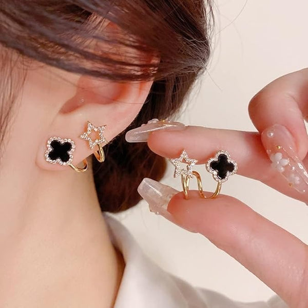 Sparkling Clover Star Earrings – Gold Plated Fashion Jewelry with Black Enamel &amp; Crystal Detailing ( PXJ-107)