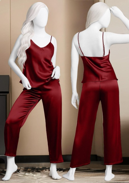 Satin Sleepwear Set – Spaghetti Top &amp; Loose Trouser – Free Size (2002)
